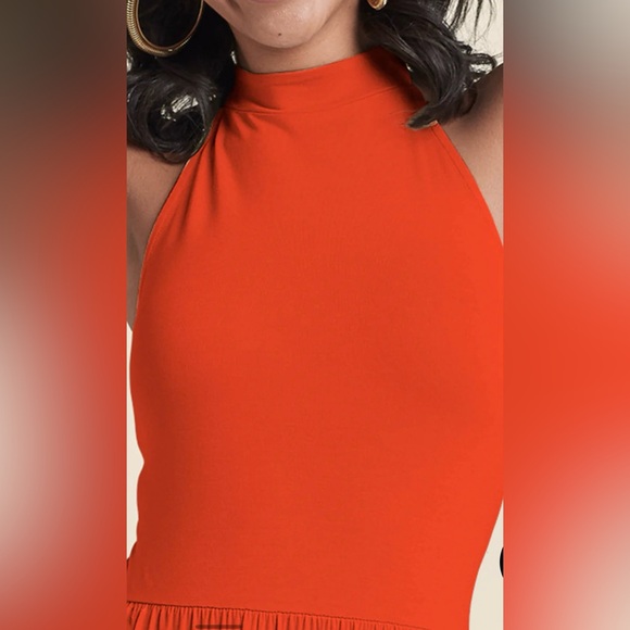VENUS Bright Tangerine-Colored Halter Maxi Dress w Pockets Ties at Neck Backless - Picture 4 of 14